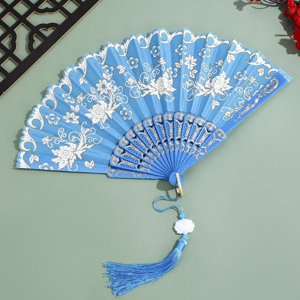 Portable Vintage Style Silk Hand Fan Floral Pattern Decorative Folding Fan with Tassel Handmade Handheld Fan Wedding Party