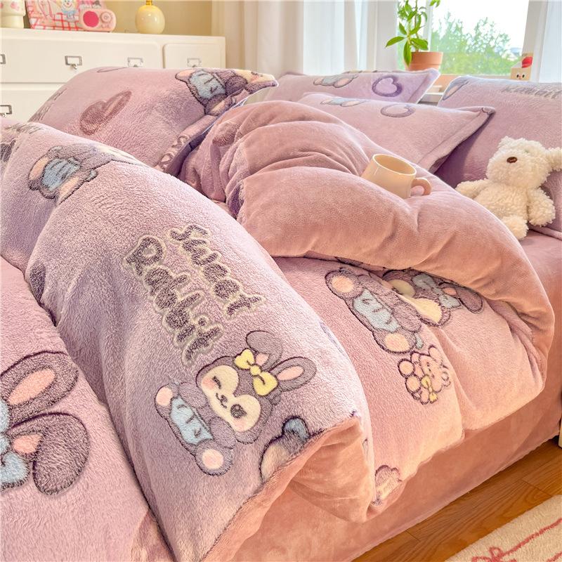 Snowflake Fleece Four-Piece Set, Thickened Milk Coral Fleece Quilt Cover, Double-Sided Fleece Quilt Cover, Bed Sheet, Bed Hat Three-Piece Set