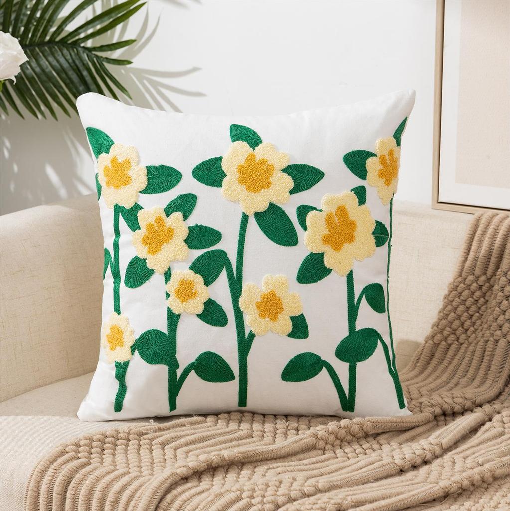 Pack of 2 Embroidered Flower Pillow Cover Boho Throw Pillow Covers 18x18 Inch Pillow Covers Pillow Covers for Couch Sofa Bedroom Living Room