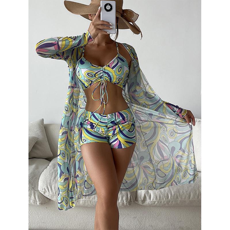 Women Swimsuit High Waist Bikini Set Three Pieces Women Sexy Long Sleeve Cover Up Swimsuit Beach Bathing Suits Swimwear