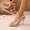 Women's Summer Dress Sandals, Square Toe Rhinestone Stiletto Heel, Floral Clear Strap High Heels for Wedding Party