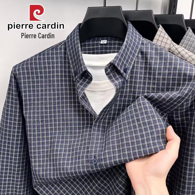 Pierre Cardin Мужская клетчатая хлопковая рубашка с длинным рукавом