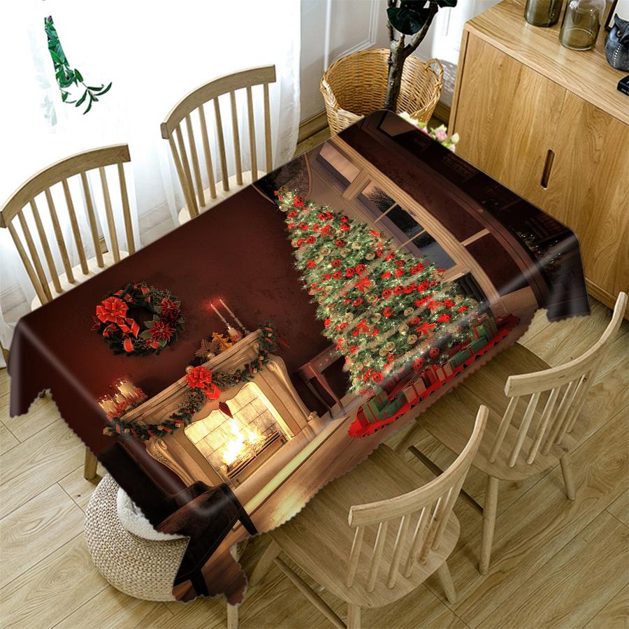 Christmas Tree Tablecloth Fireplace Gift And Socks Decoration Pattern Rectangular Round Table Cloth Cover Towel