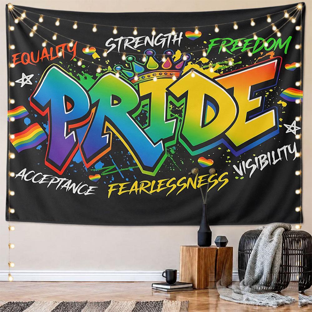 Rainbow-themed graffiti-style "PRIDE" text, crown, and empowering words. Patterned tapestry for bedroom and living room home decor