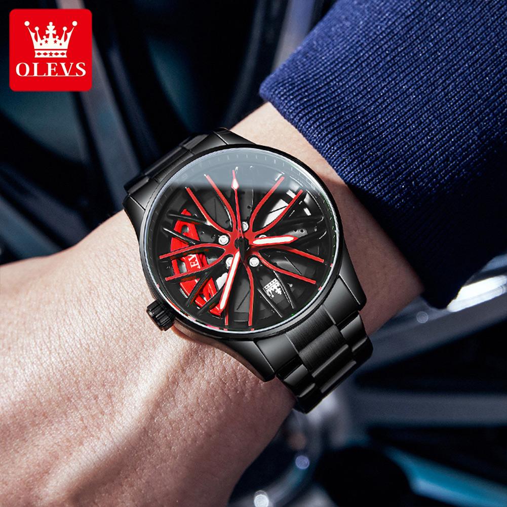 OLEVS Quartz Watch for Men 360° Rotary Dial Sport Car Rim Wheel Hub Waterproof Luminous Fashion Stainless Steel Men's Wristwatch