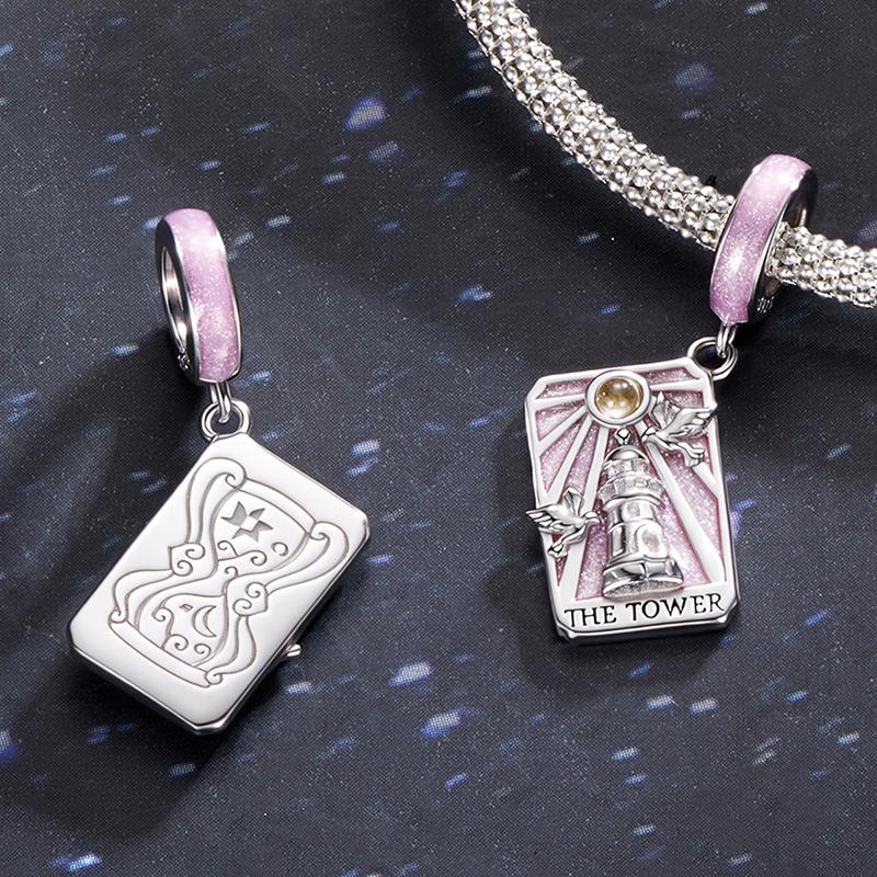 WOSTU 925 Silver Colorful Tarot Cards Charm Pendent Magic Star Moon Sun Lover Bead Fit DIY Bracelet Necklace Women Gift