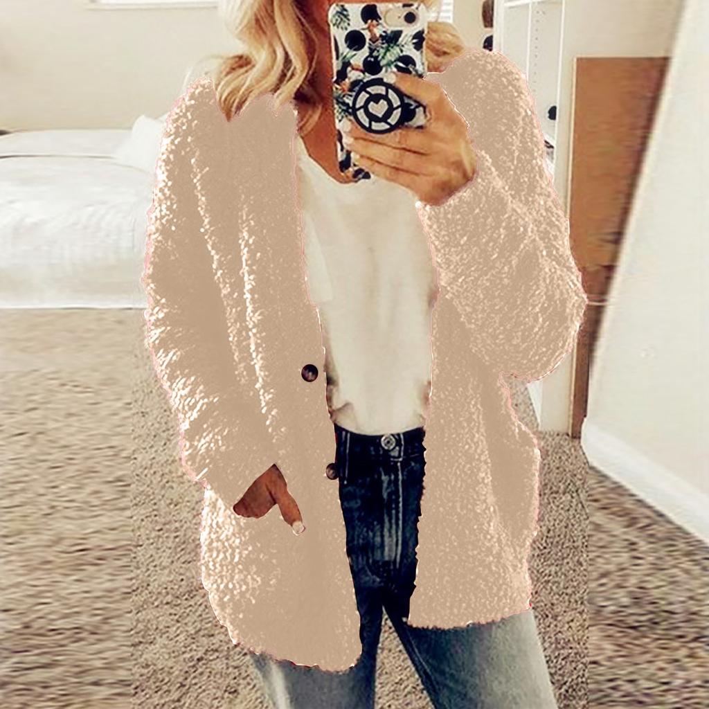 Женская осенне-зимняя плюшевая однобортная куртка с капюшоном и карманами с v-образным вырезом