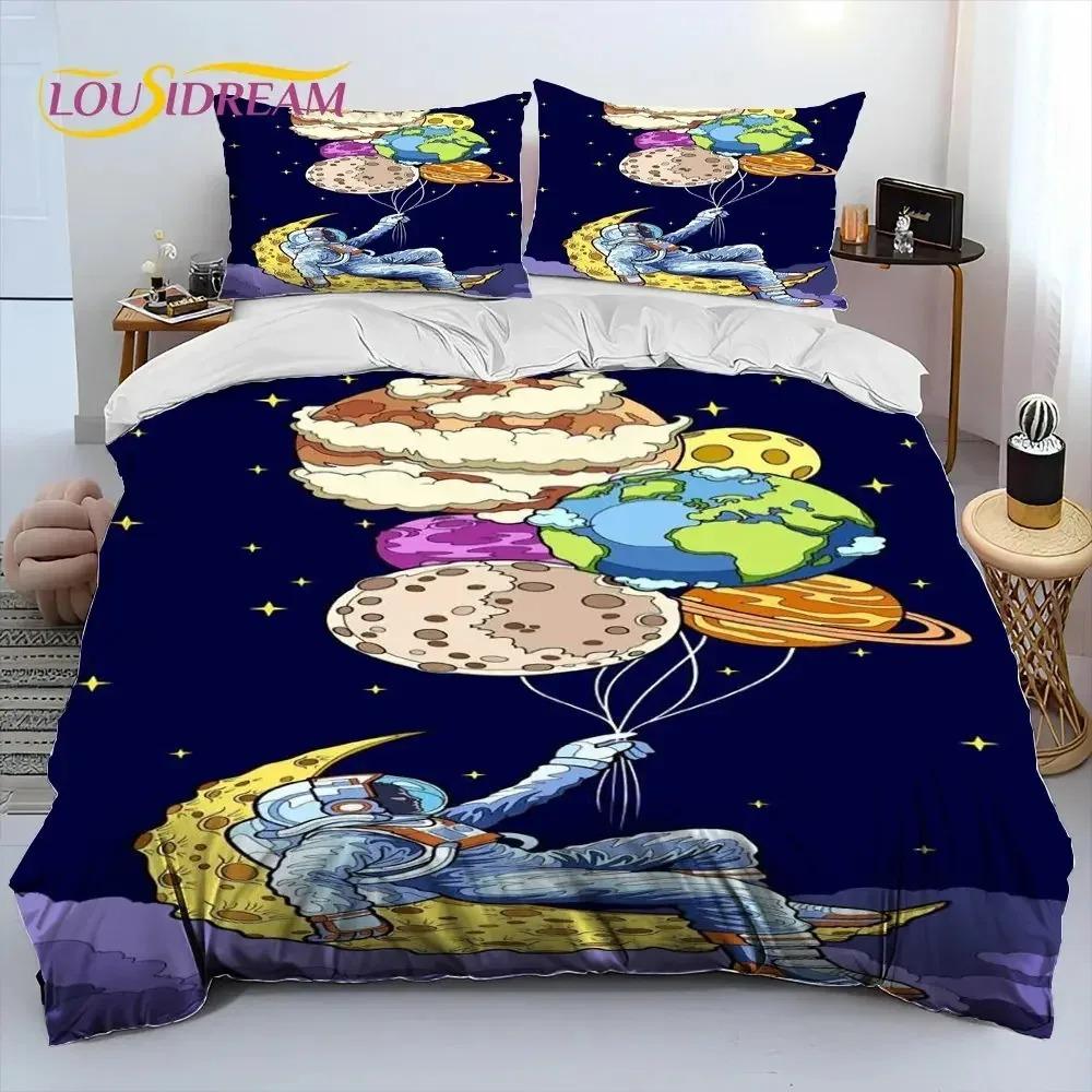 Astronaut Space Cartoon Comforter Bedding Set,Duvet Cover Bed Set Quilt Cover Pillowcase,King Queen Size Bedding Set for Child