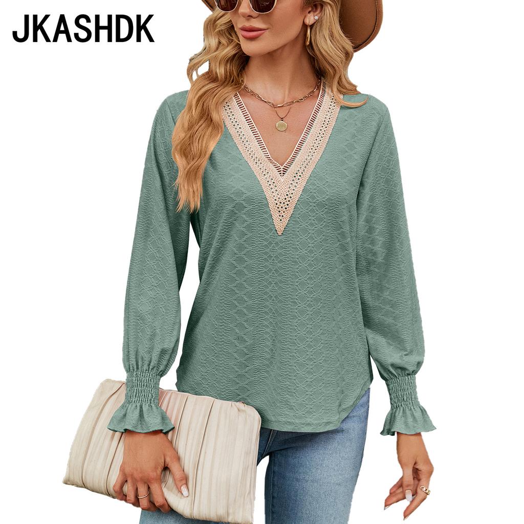 JKAASHDK женские модные повседневные однотонные принты весенне-осенние блузки и рубашки с v-образным вырезом и длинными рукавами
