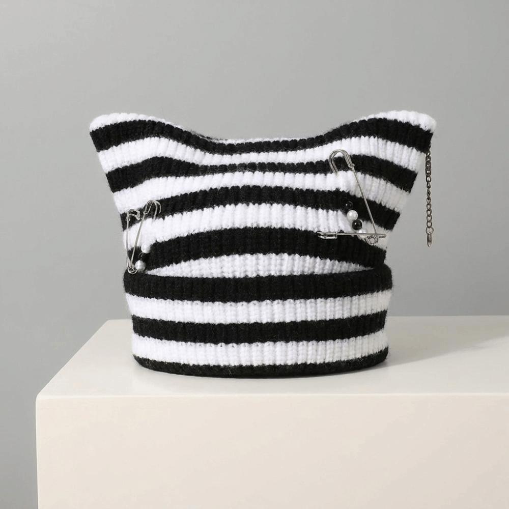 Thickened Cat Ear Beanie Polyester Warm Hat Y2K Gothic Knitted Striped Hat Winter