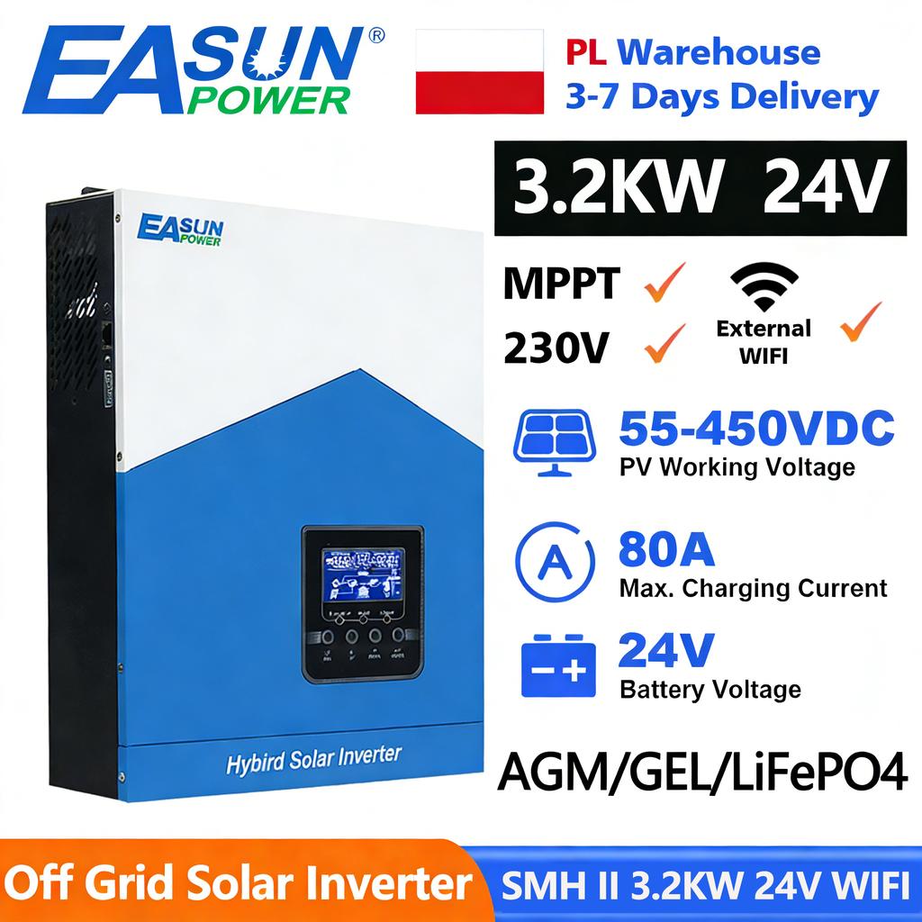 EASUN POWER 3.2 kW Hybrid Solar Inverter 24V 220V Off Grid Pure Sine Wave Inverter 120A MPPT Solar Battery Charger With WIFI
