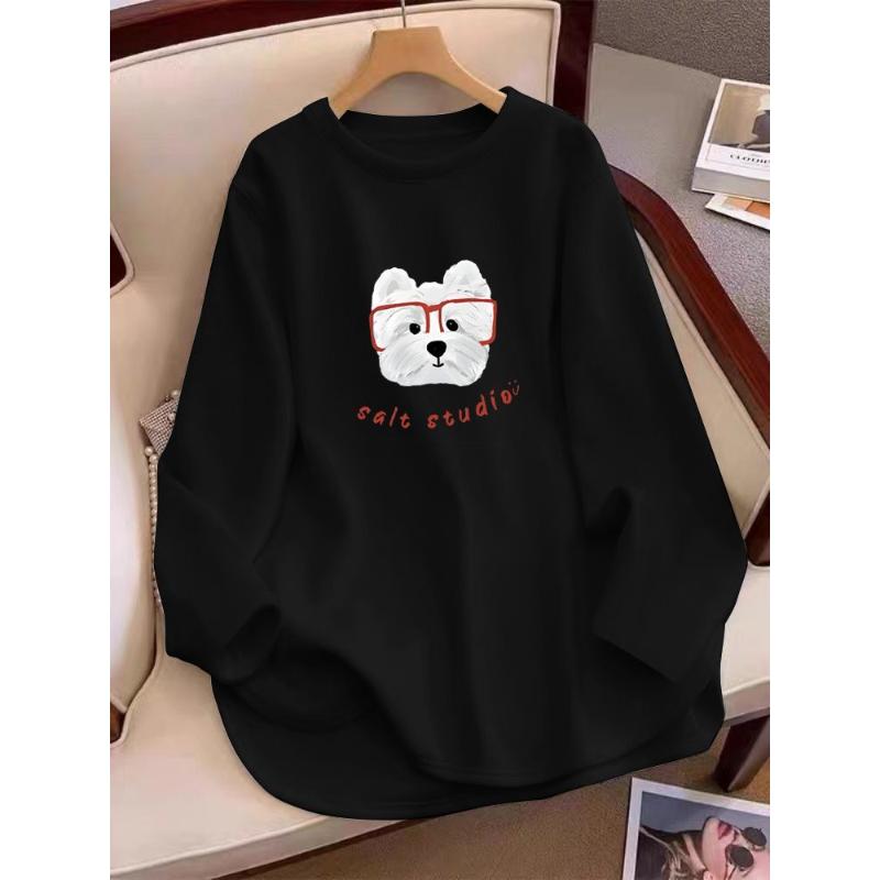 Autumn and Winter New T-shirt Women's Spliced Printed Fashion Loose Long-Sleeved German Velvet Casual Top