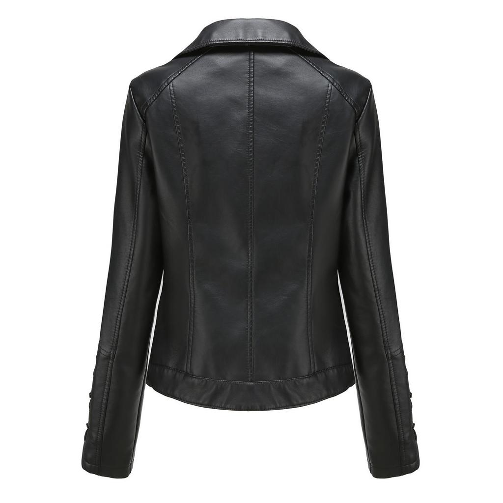 Women Turn Down Collar Long Sleeve Woven Lace Up Solid Color Leather Pu Jacket S-4XL