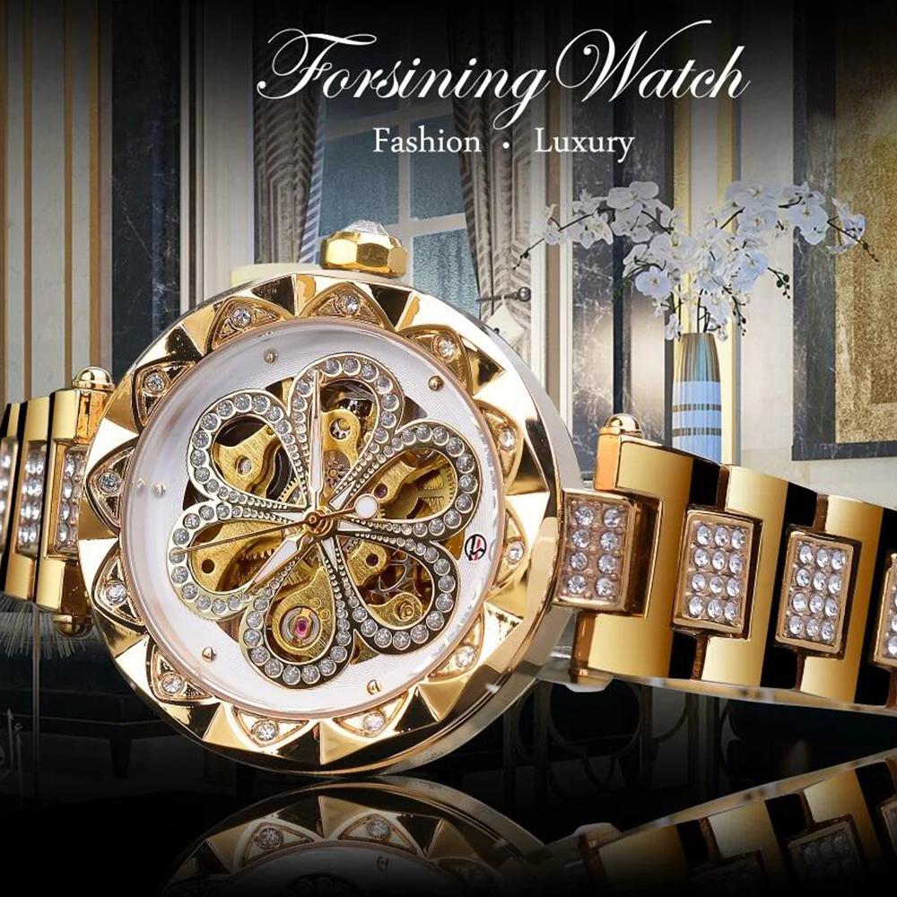 Forsining Elegant Fashion Women Automatic Mechanical Watches Luxury Diamond Stainless Steel Waterproof Ladies Stylish Wristwatch