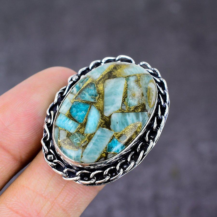 Кольцо из стерлингового серебра 925 пробы с натуральным медным амазонитом ручной работы, размер 9 y2G71