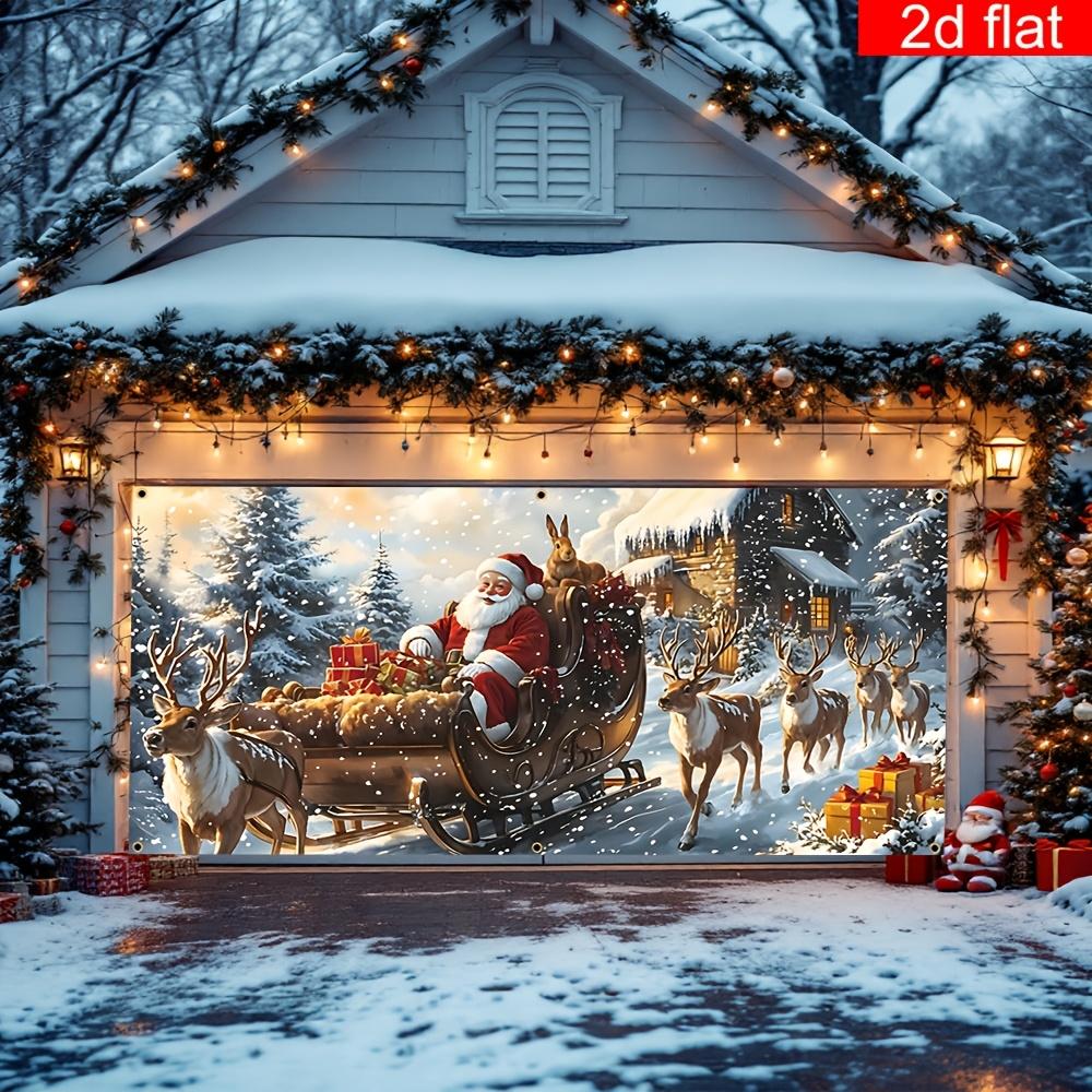 2D flat banner, 1pc Christmas garage door banner, polyester, Santa Claus riding a sleigh pattern party banner