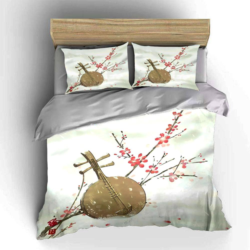 Traditional Instrument and Blossom Decor Soft Skin-Friendly Bedding Set Includes 1 Duvet Cover And 2 Pillowcase, Gift