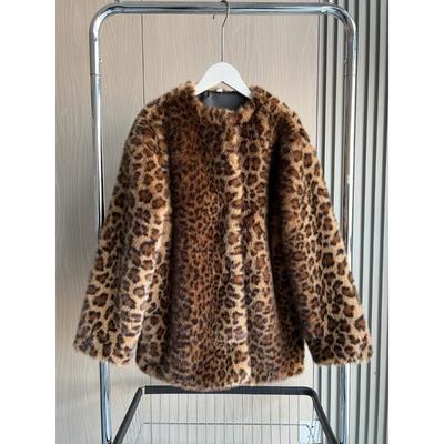 Осенне-зимние поступления Женская одежда Пальто из искусственного меха с принтом животных и куртка с капюшоном Куртка с круглым вырезом и леопардовым принтом
