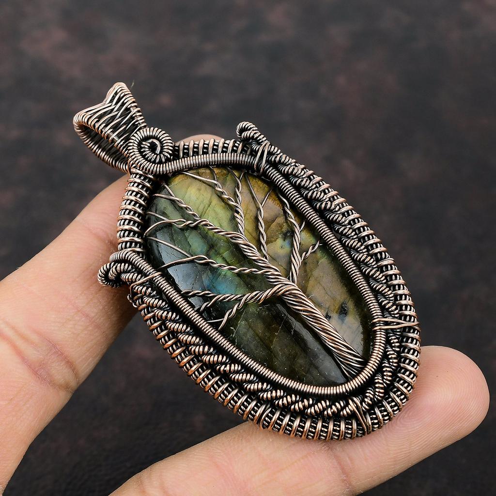 Подвеска из лабрадорита «Дерево жизни», обернутая медной проволокой, оригинальный кулон из драгоценных камней, медные украшения ручной работы, украшения из дерева жизни для подарка