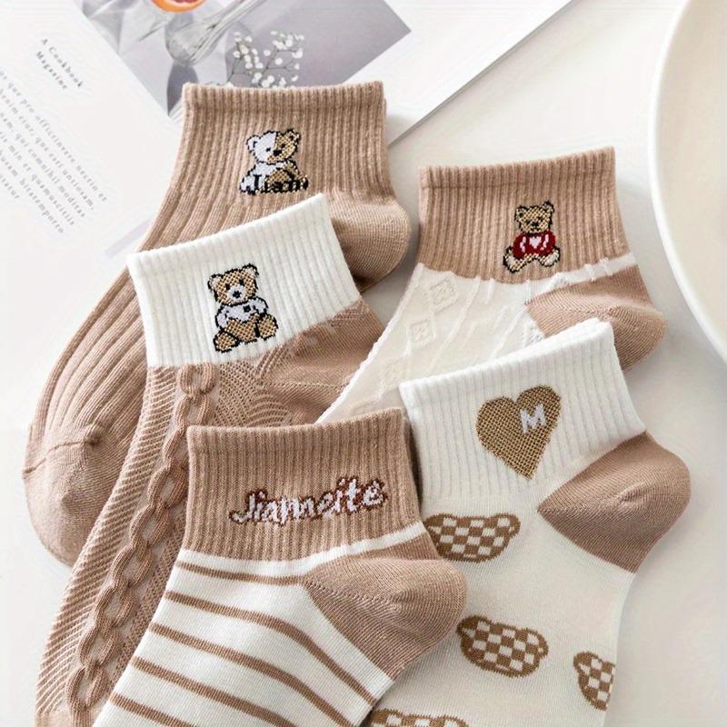 5 Pairs/Lot Socks Women's Short Ankle Low Cut No-Show Foot Cute Bear Hearts Print Cotton Breathable Set Casual Retro