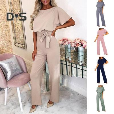 Женский комбинезон с короткими рукавами, поясом на талии, прямые широкие брюки, повседневный комбинезон с круглым вырезом