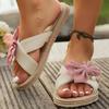 Summer Beach Vocation Slides Women Outdoor Pink Bowknot Decor Cross Strap Linen Slippers Women Lightweight Comfort Flat Sandals