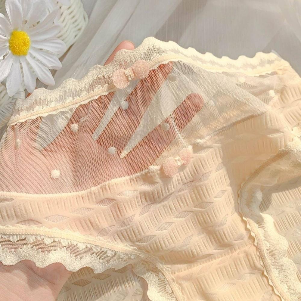 Mid Waist Underwear for Women Bow Mesh Briefs Summer Lace Seamless Panties Female