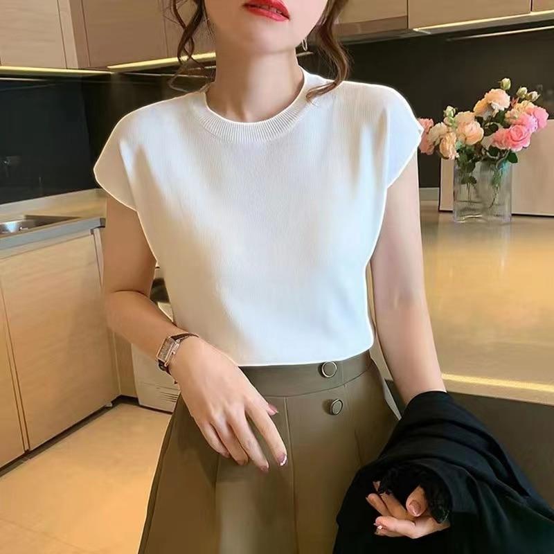 Summer O Neck Loose Ice Silk Knit Blouse Women Knitwear Fashion Solid Short Sleeve Shirt Casual Slim Lady Tops 27174