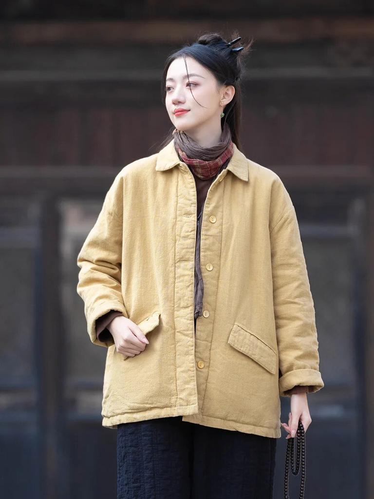 Johnature Женские зимние парки в китайском стиле с отложным воротником на пуговицах, теплые пальто с карманами и длинными рукавами, хлопковые парки