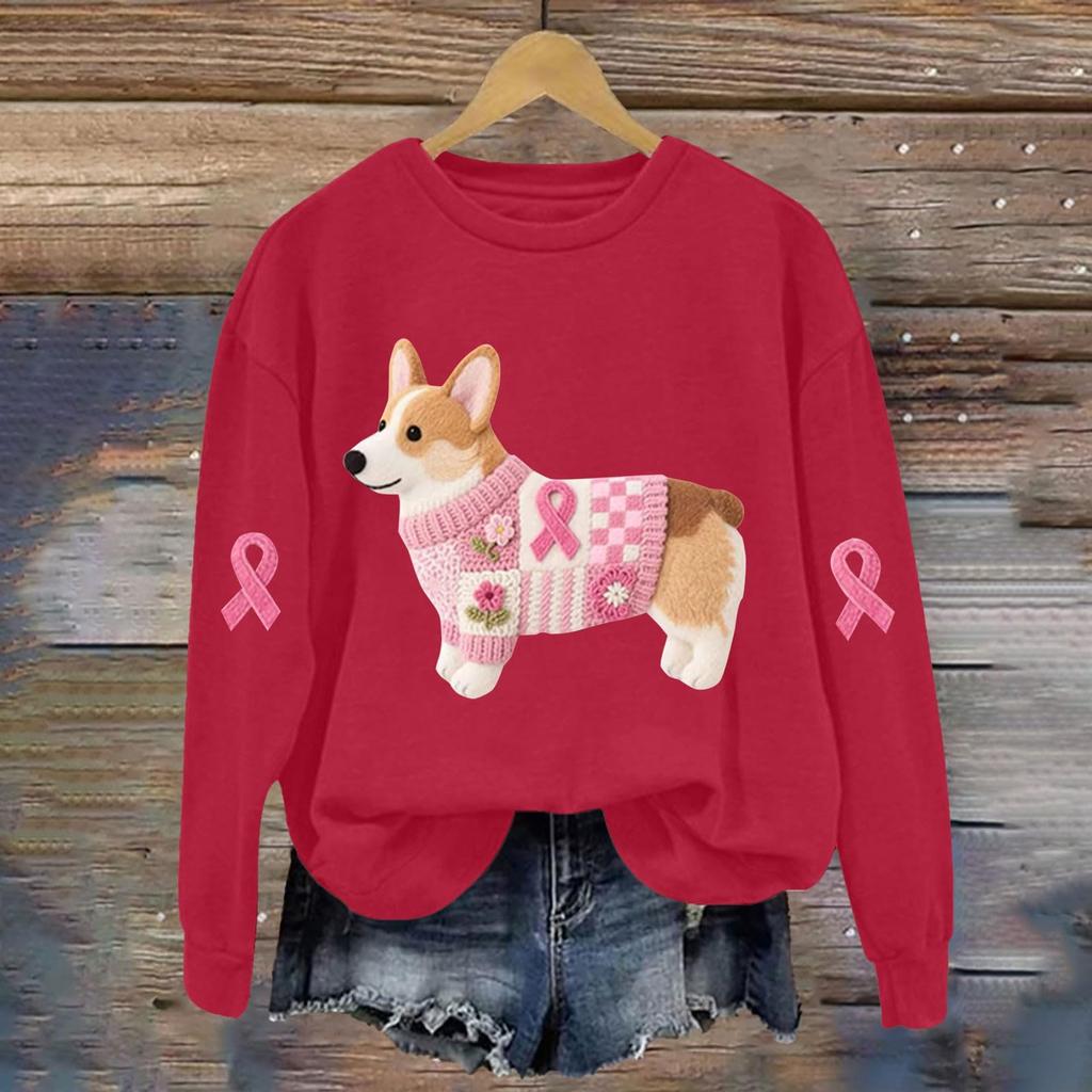 Breast  Sweatshirts For WomenRibbon Breast  Shirt Cute Dog Graphic  Long Sleeve Tops
