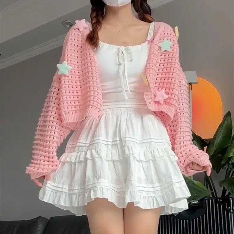 Милый повседневный свитер для женщин, однотонный вязаный кардиган с V-образным вырезом и длинным рукавом, женские модные свободные винтажные кардиганы, короткое трикотажное пальто со звездами 31028