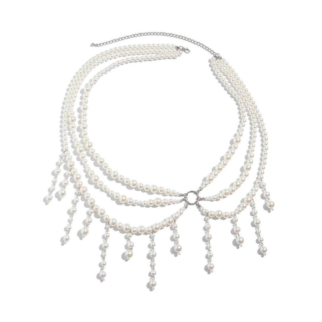 Salircon Elegant Multilayer Imitation Pearl Waist Chain for Women New Summer Beach Sexy Charm Bikini Tassel Pendant Jewelrry