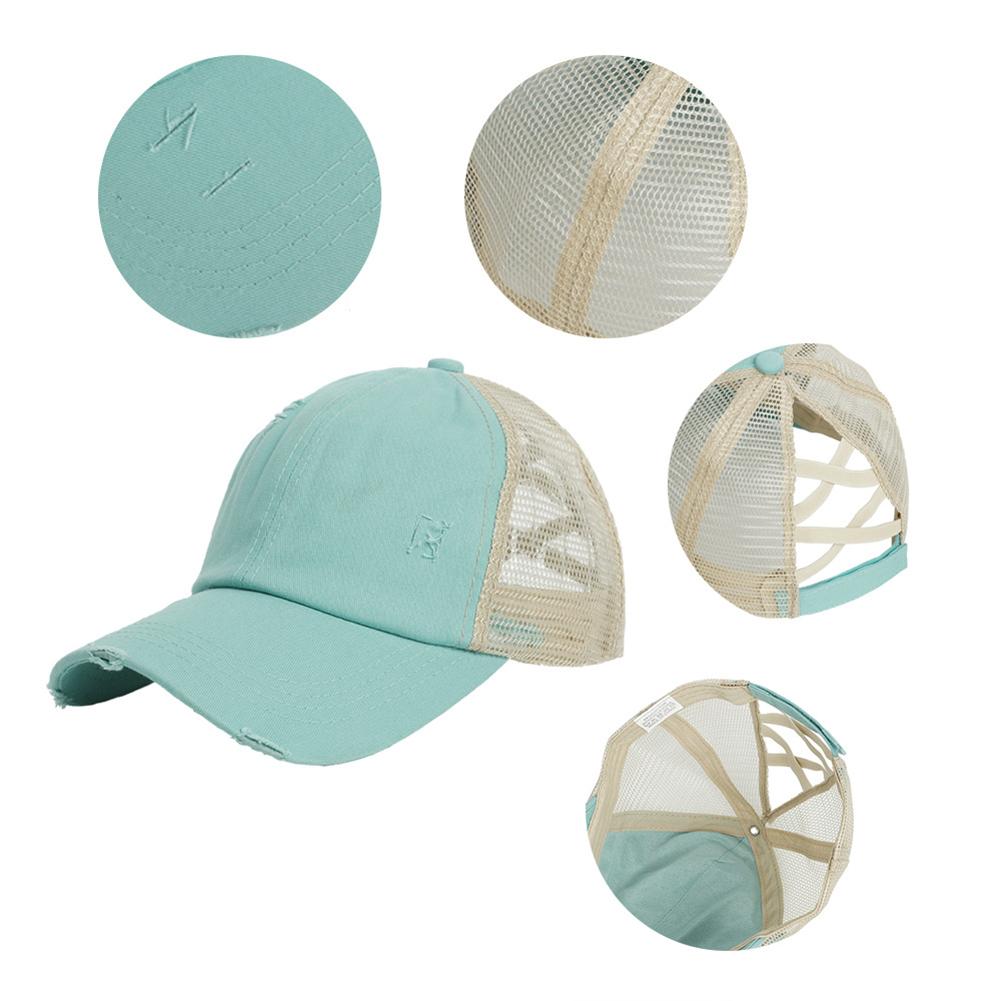 Women Cross Ponytail Baseball Cap Mesh Adjustable Outdoor Sports Washed Distressed Peaked Cap