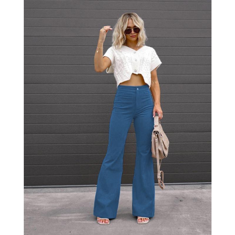 Spring and Autumn Women's Plus Size Solid Color Corduroy Temperament Pants Micro Pant High Waist Casual Pants