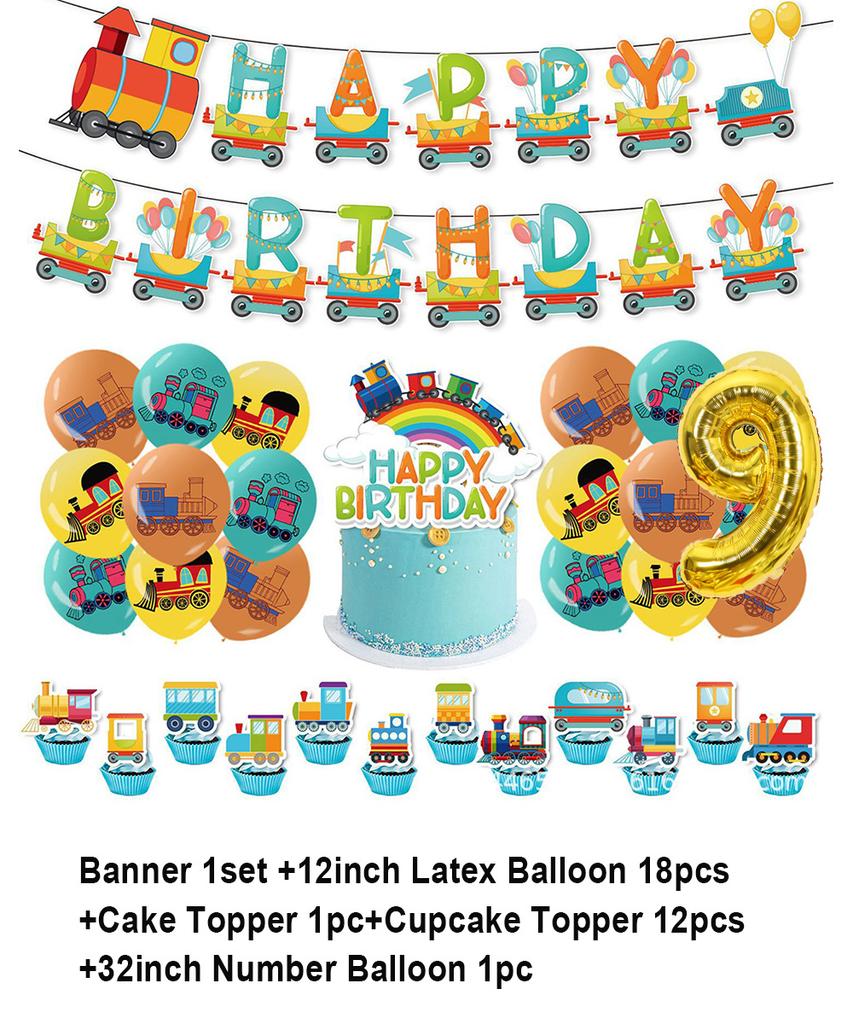 Cartoon Train Theme Birthday Party Decoration Number Balloons Cake Topper Transportation Vehicles Backdrop Banner Party Supplies
