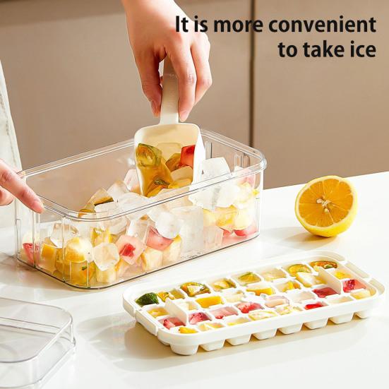 Форма для льда с лопаткой и контейнером, штабелируемая форма для льда для морозильника, легкосъемное силиконовое дно, дизайн с нажатием в одно касание, льдогенератор для напитков, кофе, коктейлей