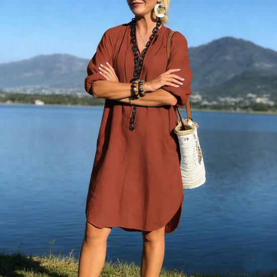 Хлопково-льняное платье для женщин Бохо Повседневное Пляжное Летнее платье с длинным рукавом V-образным вырезом Свободное платье