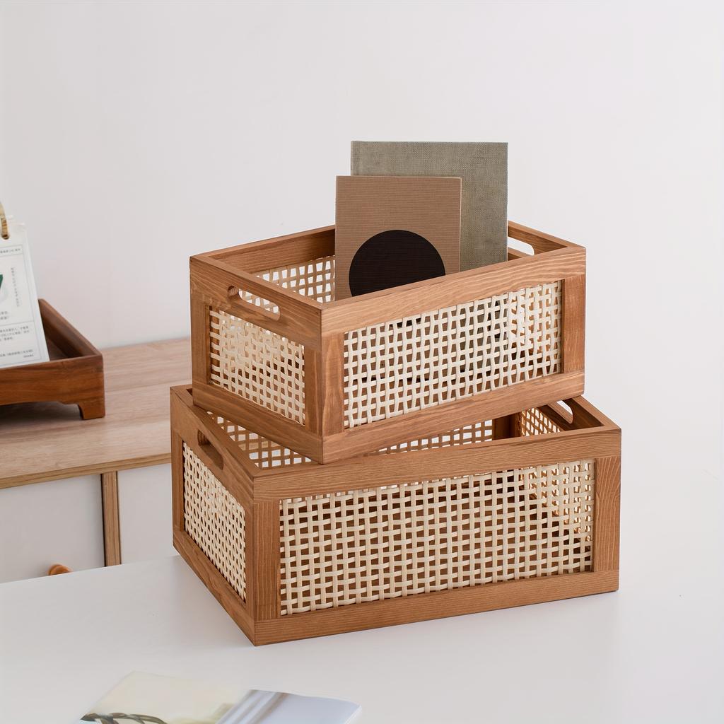 Style Rattan Wooden Storage Basket Hand Woven Rectangular Shelves for Home Storage, Toy Grocery Boxes for Kitchen, Bathroom, Living Room, Bedroom,