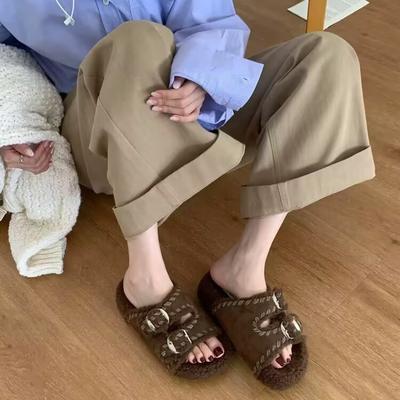 2025 осень и зима новые корейские однословные пушистые тапочки женские носят толстоподошвенные плюшевые термохлопковые тапочки пушистые тапочки