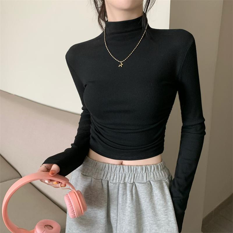 Harajuku Женские узкие футболки с длинным рукавом Пуловеры Уличная одежда Y2K Футболка Весна Осень Водолазка Повседневные однотонные укороченные топы