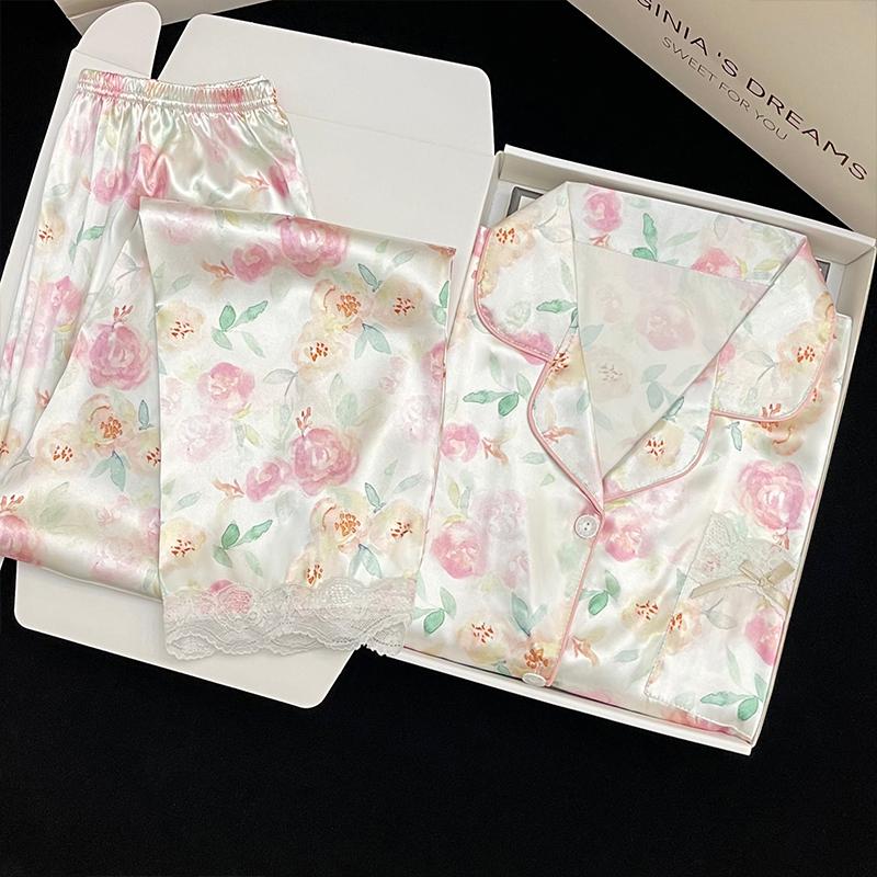 Пижама женская атласная пижама с длинными рукавами пижамный костюм с цветочным принтом высококачественный ледяной шелк можно носить на улице