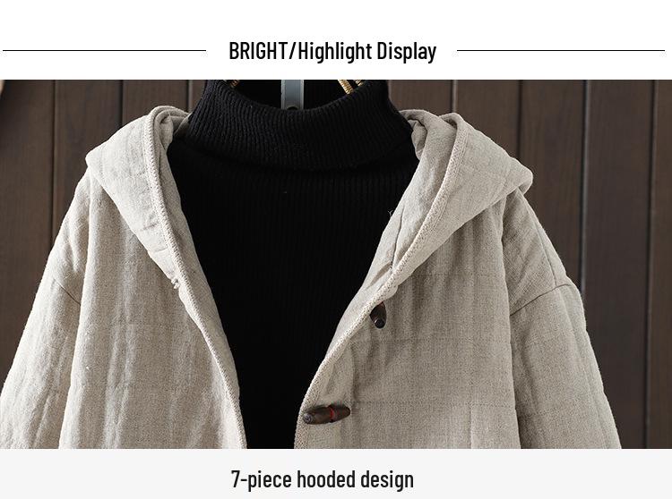 Зимняя стеганая ретро хлопково-льняная куртка с пуговицами-рожками 2025