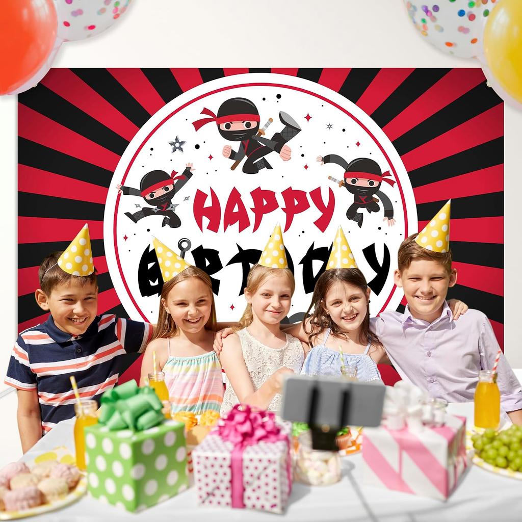 Ninja Happy Birthday Banner Backdrop Cartoon Japanese-style Ninja Theme Background Decor for Kids Boys Girls Warriors Bi