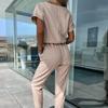 QICED V V-neck Short Sleeve Copper Pipe Decorative Belt Rompers Nine Quarter Pants