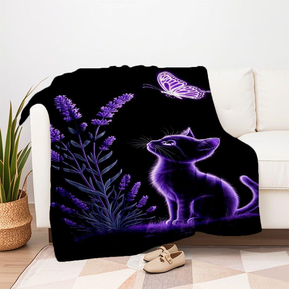Purple Butterfly Lavender Cat Wall Art Print PosterBlanket Flannel Throw Blanket for Sofa, Bed, Travel, Camping, Office