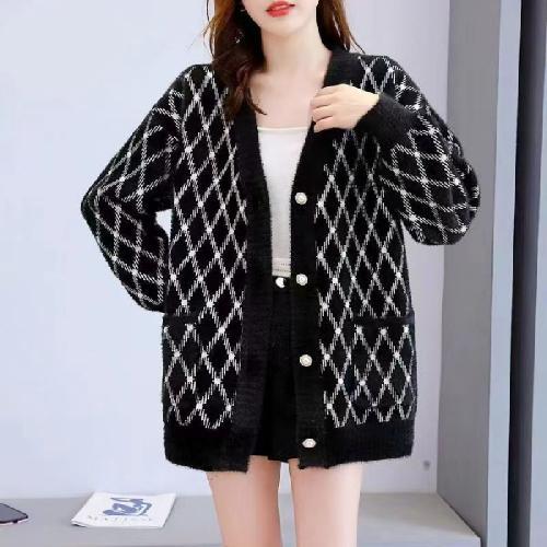 Свитер с бриллиантами, женский кардиган, зима 2023, средней длины, с v-образным вырезом, черный и белый, классический цветной вязаный кардиган, женский свитер