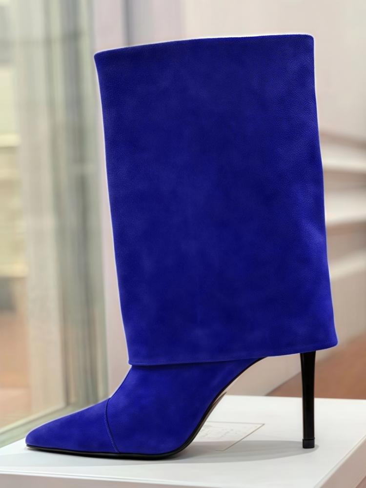 Полусапоги из замши до середины икры EU/US - Остроносые на шпильке Однотонные сапоги поверх брюк для женщин Офисный шик Зимняя обувь