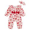Baby Girls Valentine Romper Heart Bow Print Ruffled Long Sleeve Jumpsuits and Cute Headband Set for Toddler