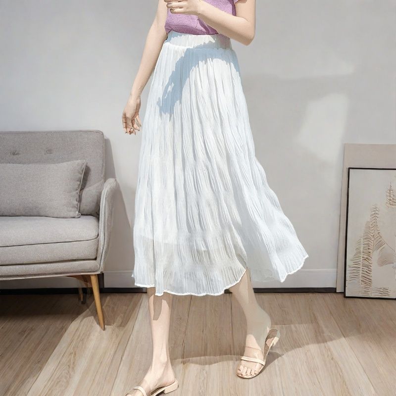 Милая юбка из шифона с оборками для женщин на весну и осень, утягивающая юбка А-силуэта средней длины со складками