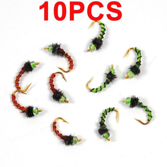10pcs Midge Nymph Fly Green Red Fly Fishing Bait Lures Hegene / # 14 Gold Color Hook